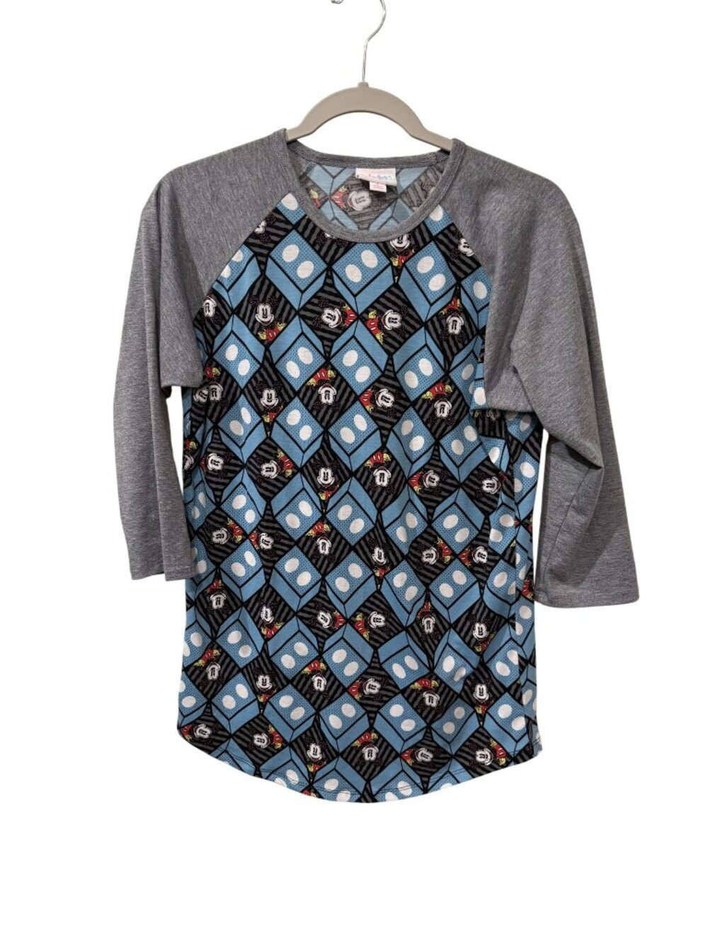 LuLaRoe Small Mickey Mouse Raglan Top With Blue & Gray Pattern